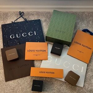 Louis Vuitton bags and box, Gucci bags and box, David Yurman jewelry boxes, etc.